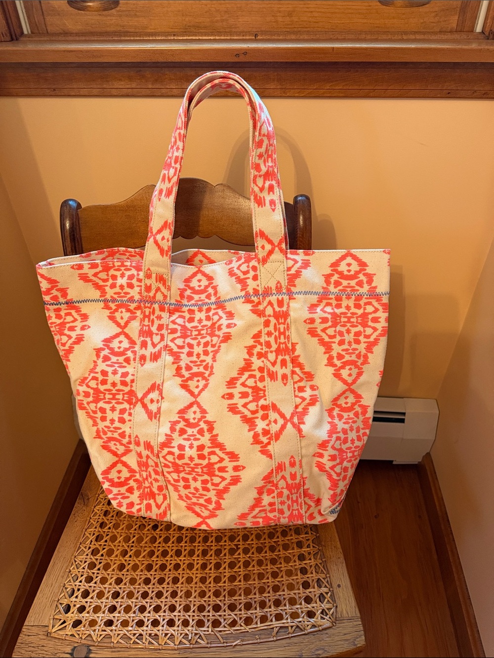 Persifor Bright Coral Patterned Canvas Tote Bag with Dual Shoulder Straps